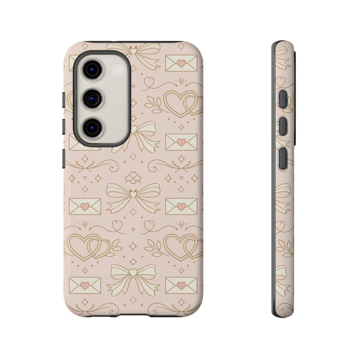 Pastel heart-and-letter tough phone case, front and side profile with multi-camera cutout