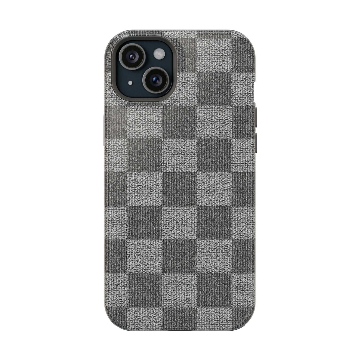 Gray checkered phone case with fabric texture; dual camera cutouts on back panel