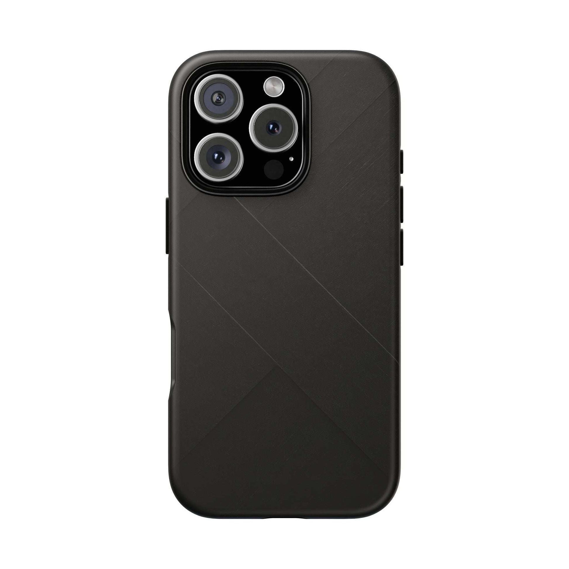 Matte black phone case with diagonal line design and raised camera cutouts