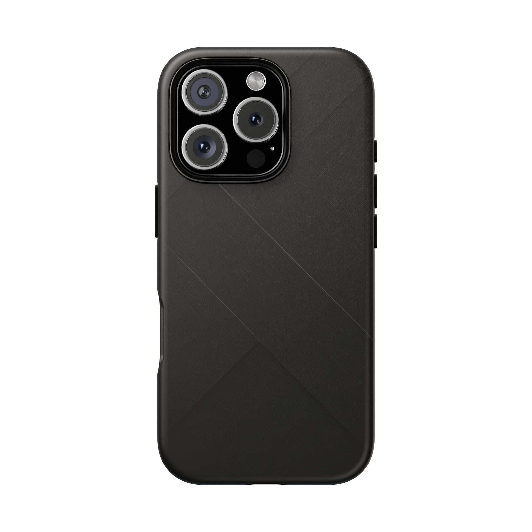 Matte black phone case with diagonal line design and raised camera cutouts
