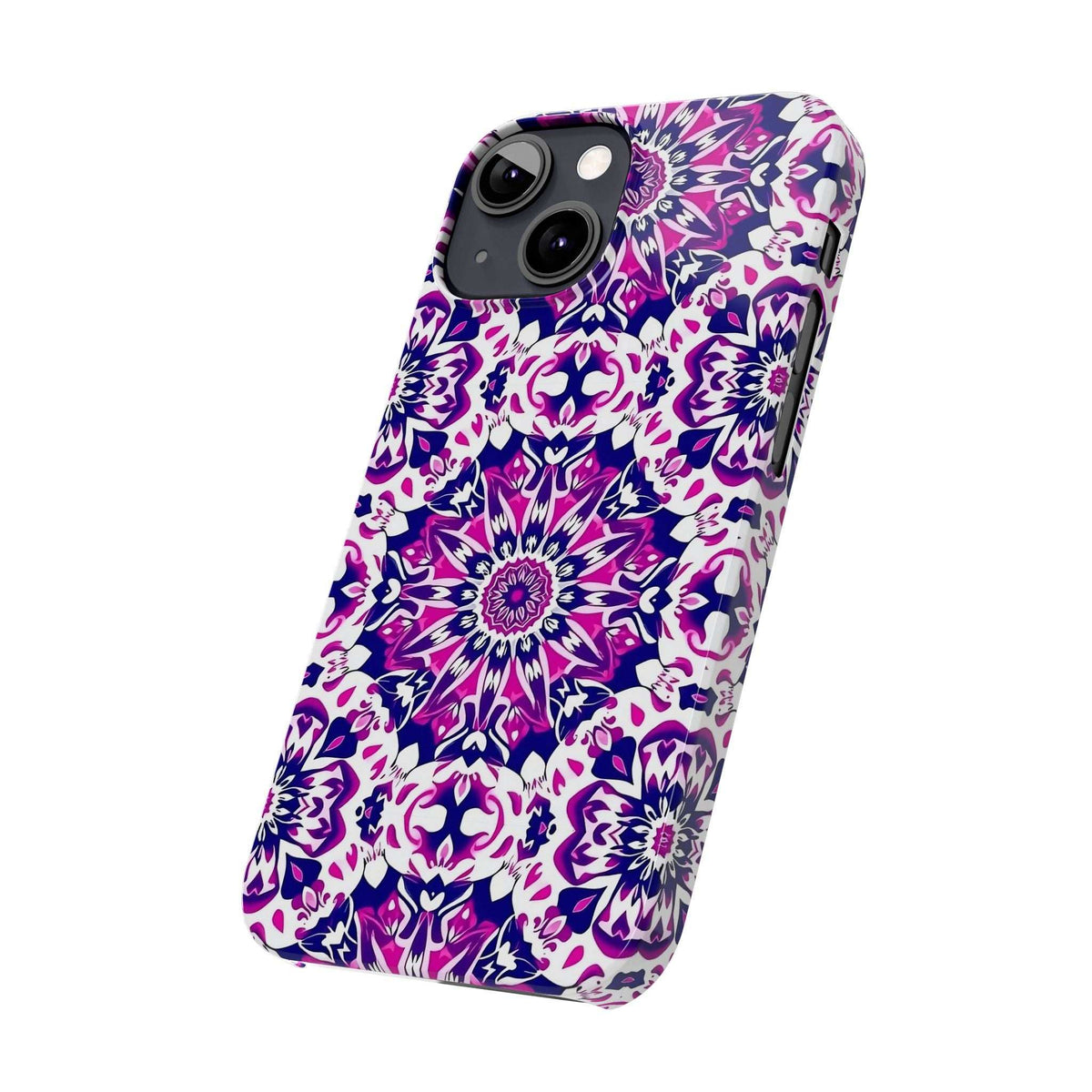 Purple and white floral mandala phone case showing side profile and camera openings