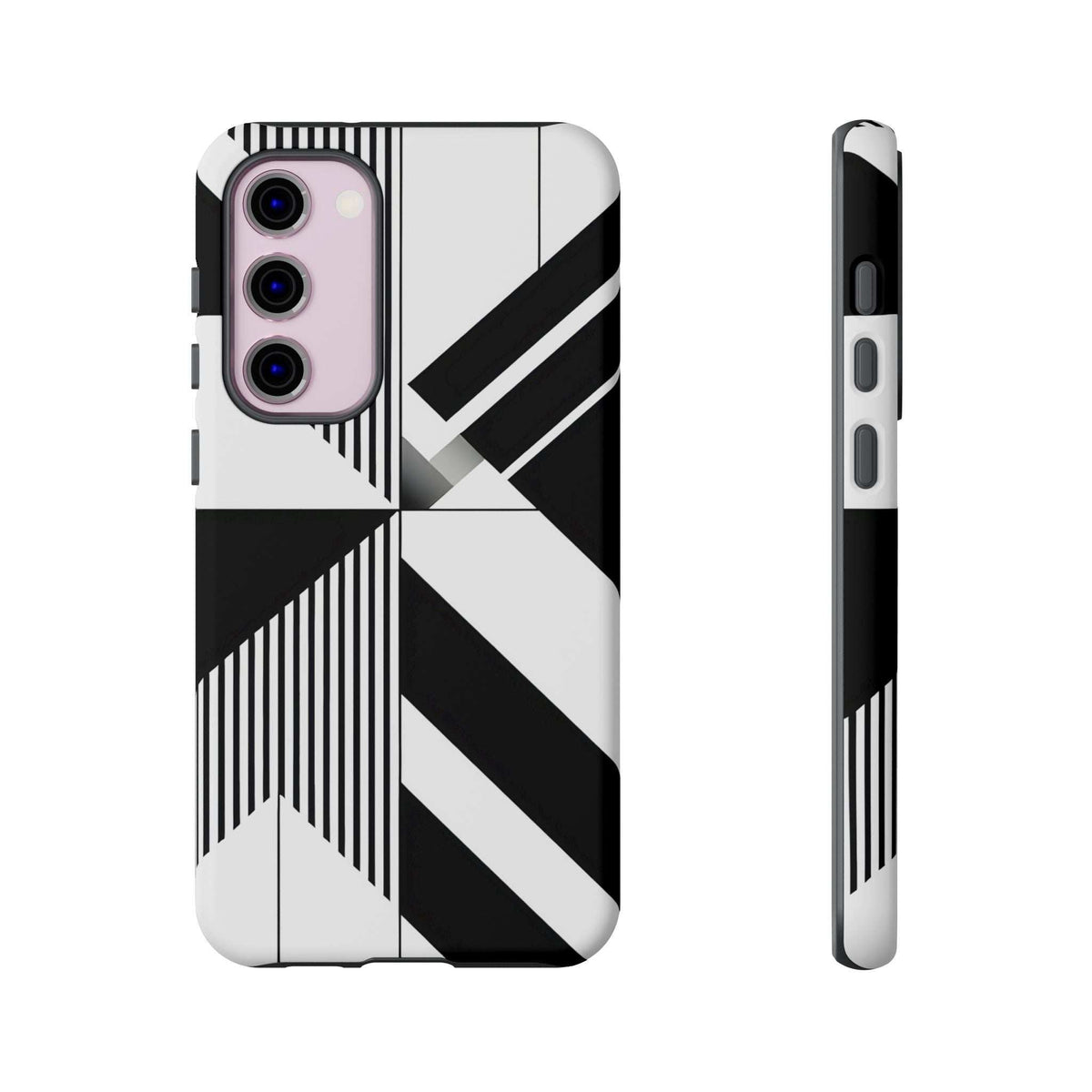 Tough phone case with black-and-white diagonal stripe pattern and side access openings