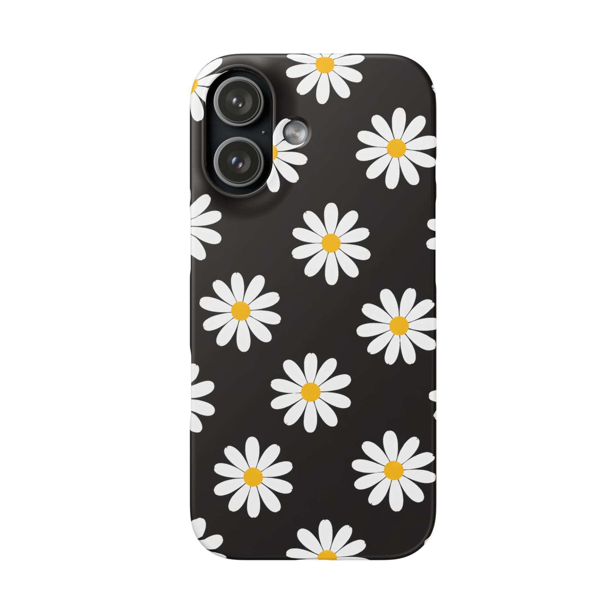 Black phone case with repeating white daisies and yellow centers; camera module visible