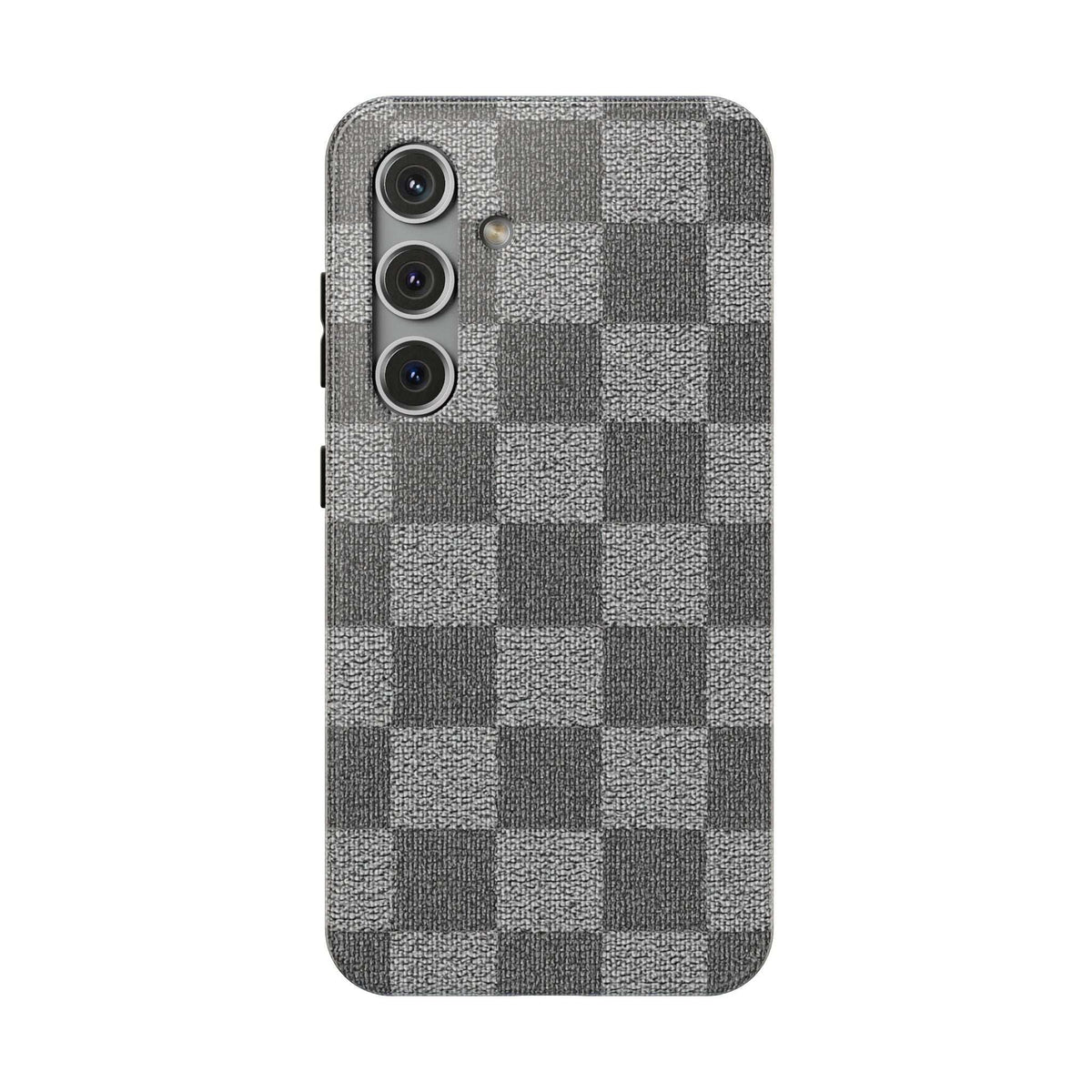 Gray checkered phone case with textured fabric and visible side button cutout.