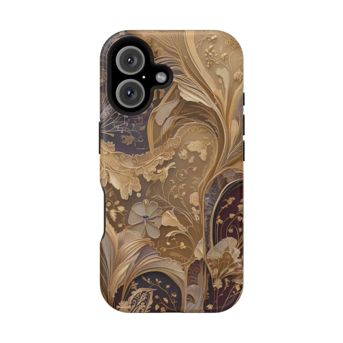 Elegant botanical phone case with butterfly motif, beige background and dark gold details