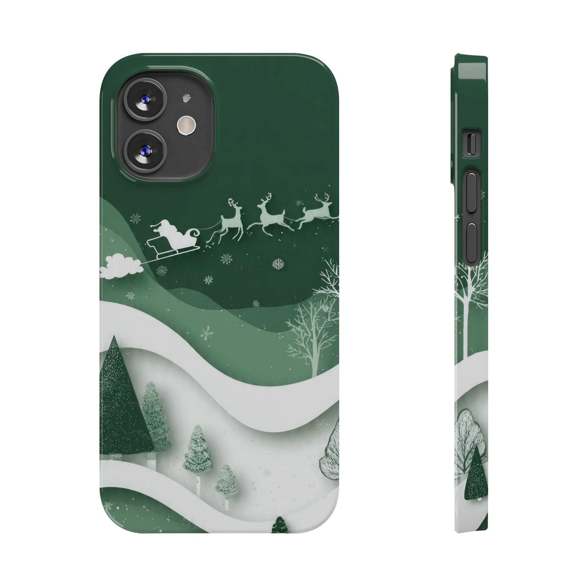 Green phone case with winter forest sleigh-and-reindeer design, front and side views