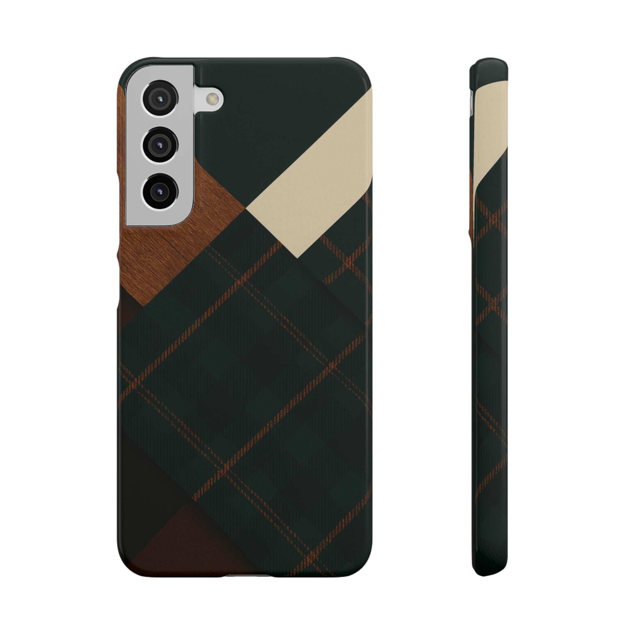 Rustic green phone case featuring wood inlay, beige diagonal, and dark plaid pattern