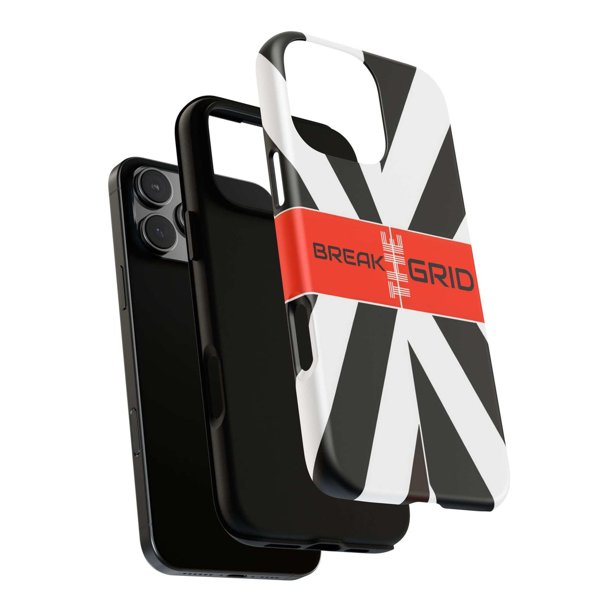 Phone case with black-and-white graphic and red Break the Grid band, with camera cutouts