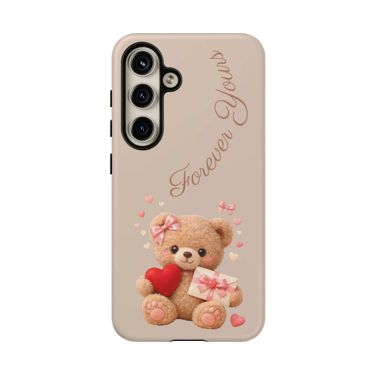 Beige phone case with teddy bear and red heart; back view with camera cutouts