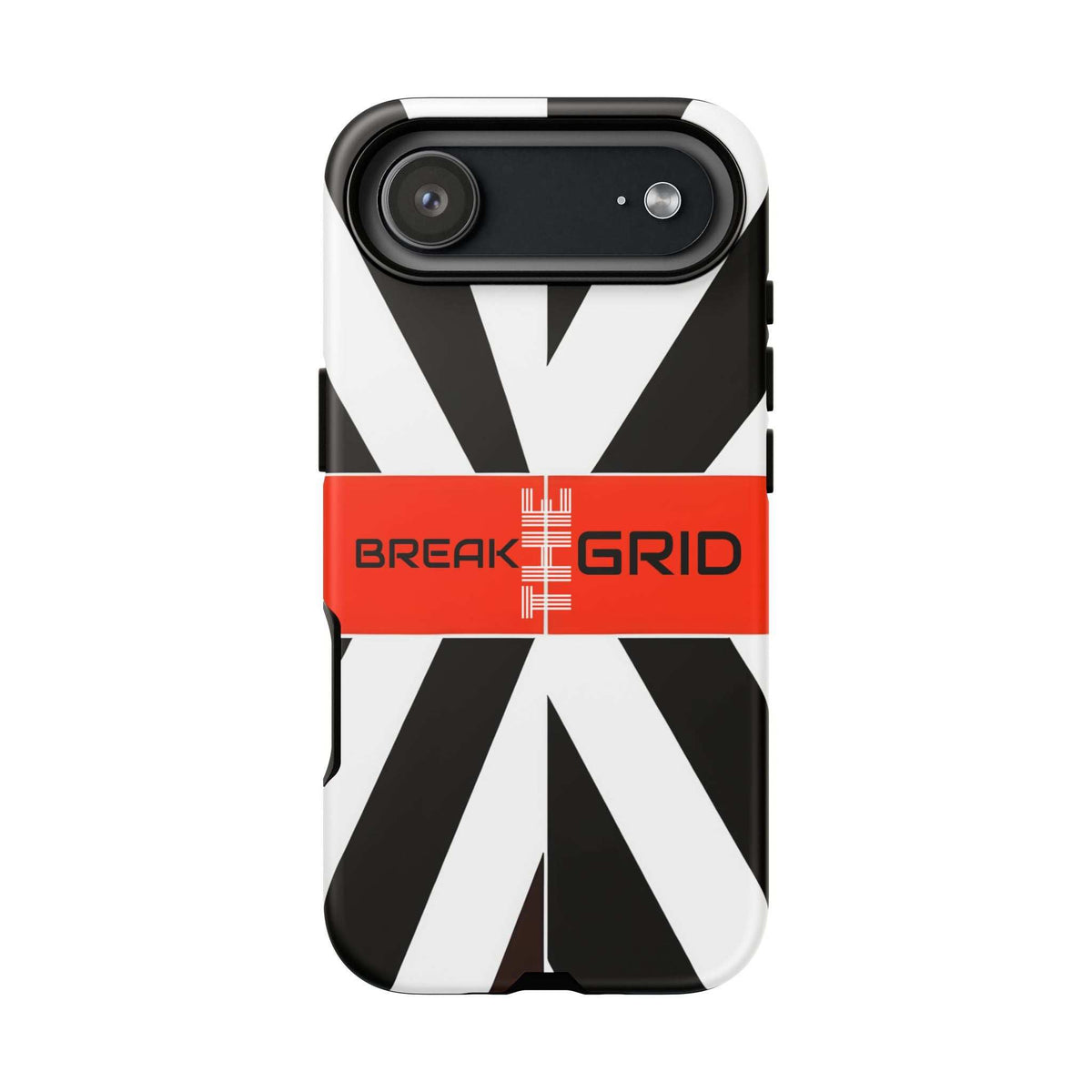 Phone case with black-and-white graphic, red band, and BREAK GRID text; camera cutout