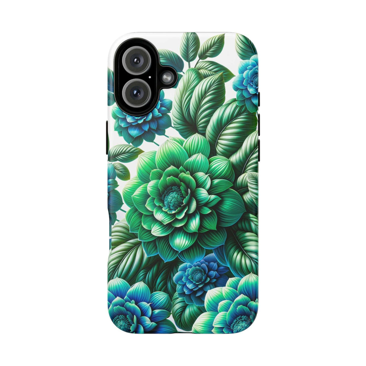 Green and blue floral phone case with dense leaf print and blue flower accents