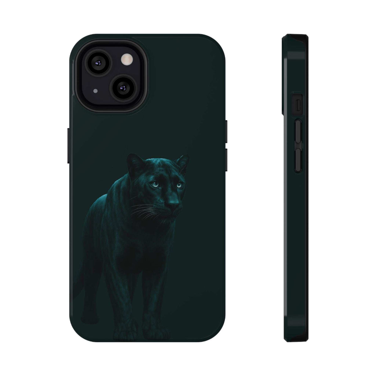 Dark teal phone case with teal panther print, raised camera cutouts and side buttons