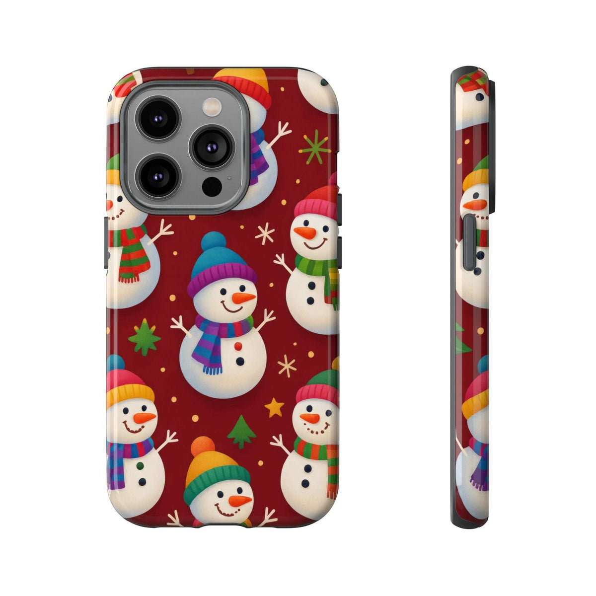 Glossy phone case with winter snowman pattern and hat-and-scarf characters; camera lens cutouts.