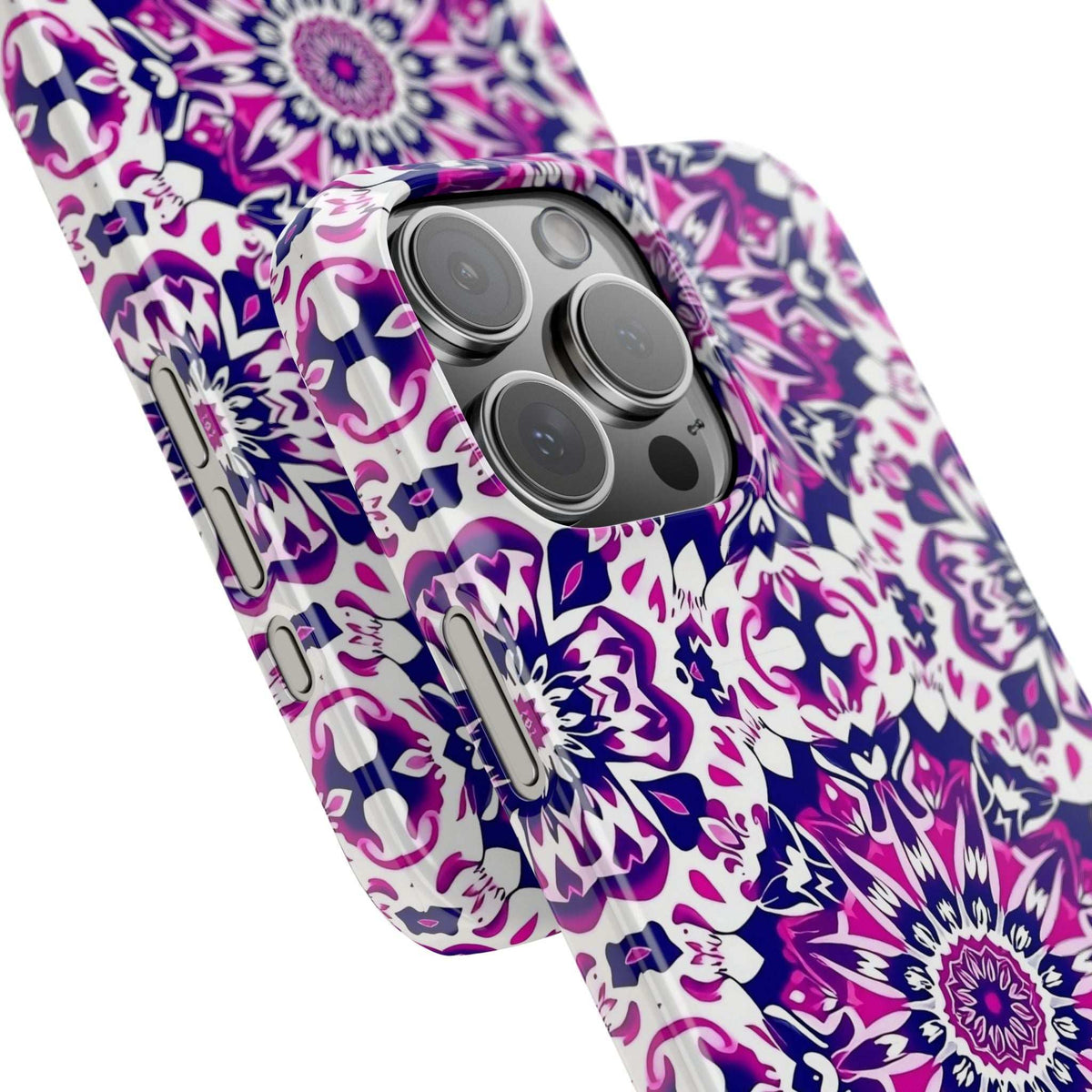Phone case angled view with purple, pink, and white mandala floral design.