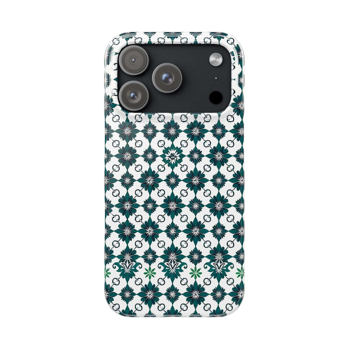White phone case with teal floral geometric pattern and raised camera bump