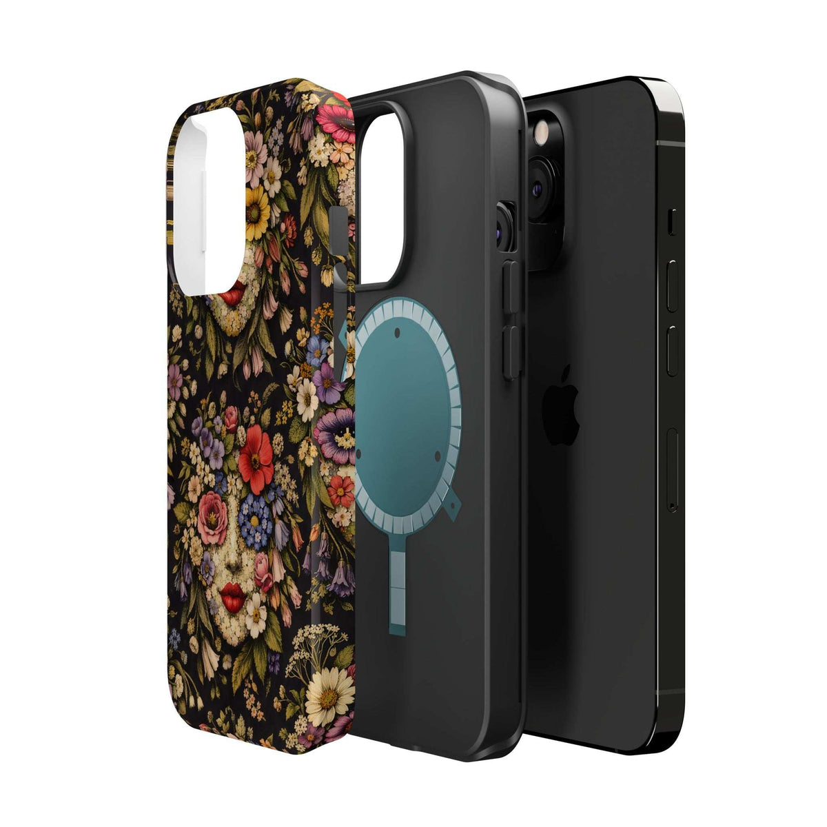 iPhone case featuring vintage floral face design on a dark case with camera openings