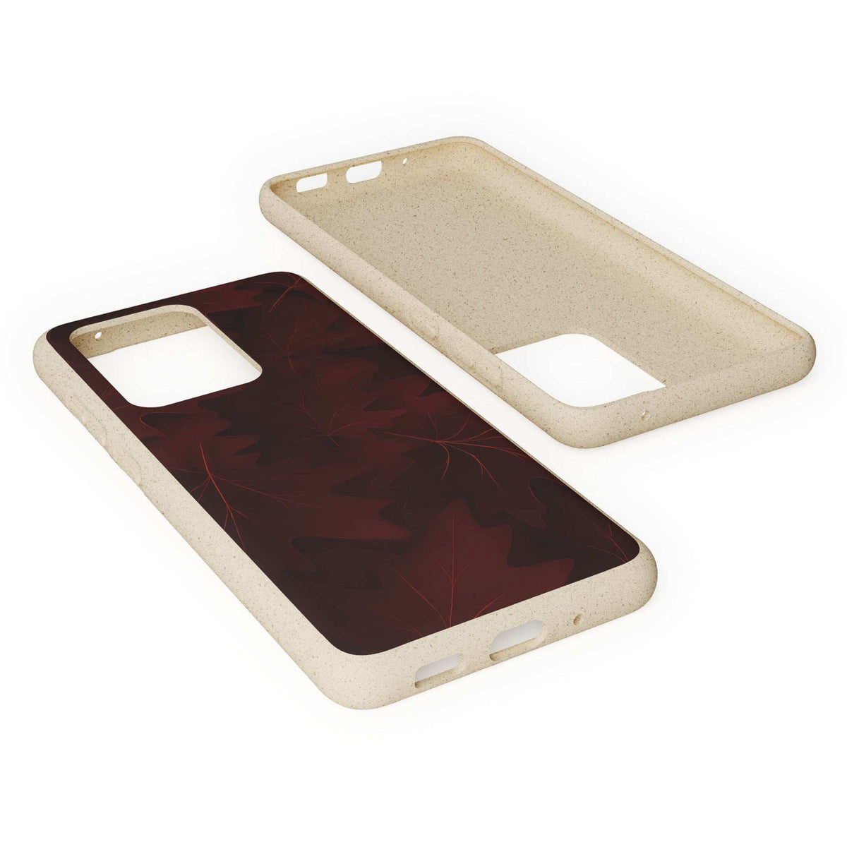 Phone case set: dark red leaf pattern case and beige back case with cutouts
