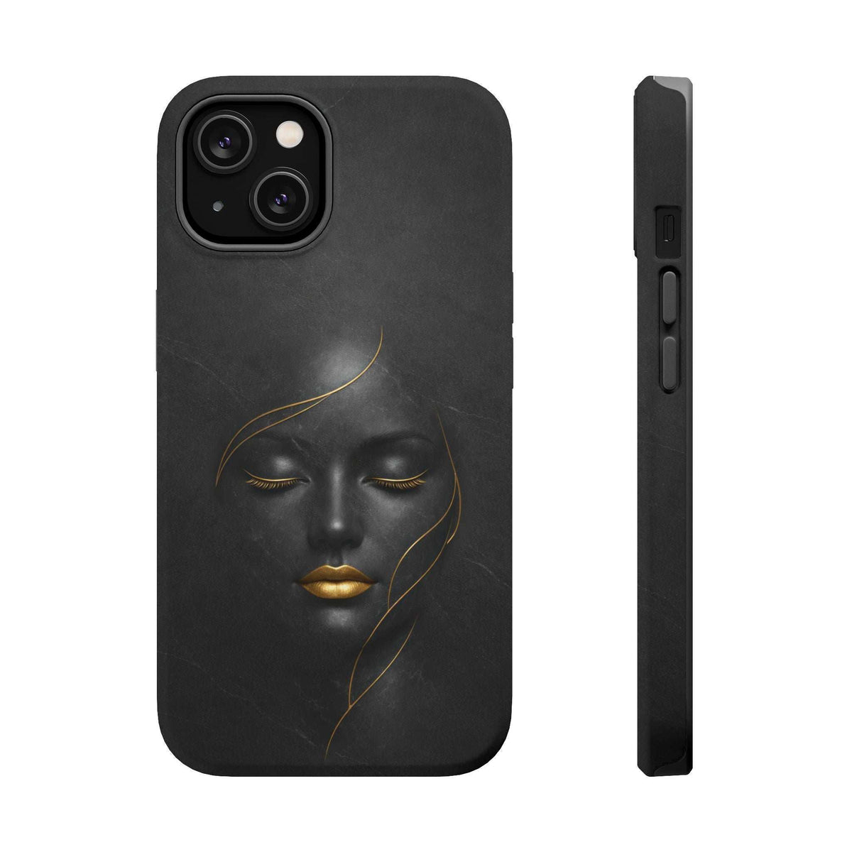 Black phone case with gold face illustration; side profile includes port and button slots.