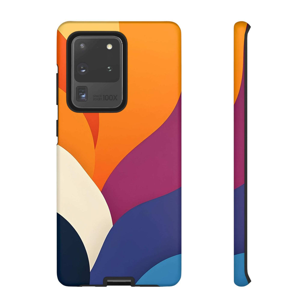 Phone case back and side view, abstract orange and purple pattern on navy with cream shapes
