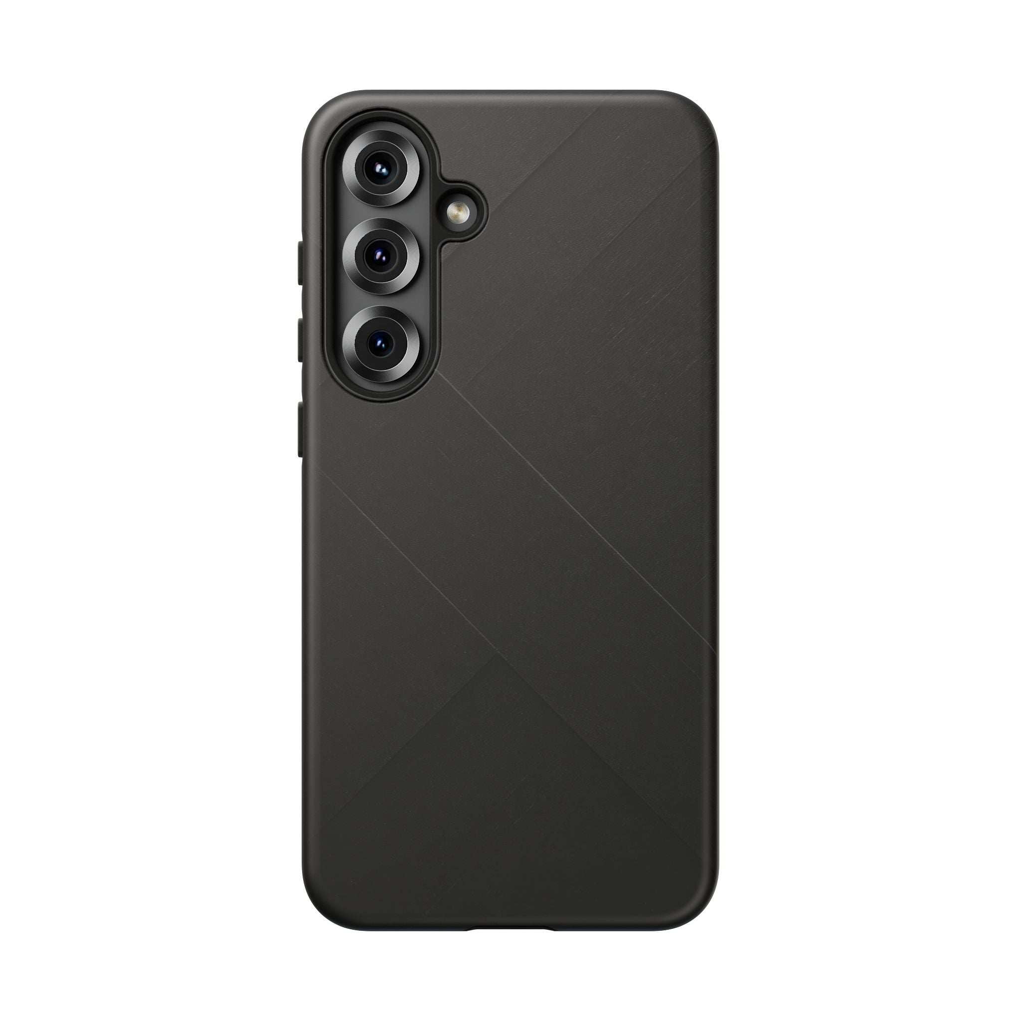 Matte black phone case with diagonal line pattern and camera cutouts, back view