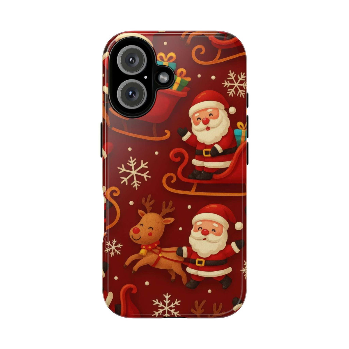 Glossy Santa and reindeer holiday phone case, front view with camera lens cutout and curved edge