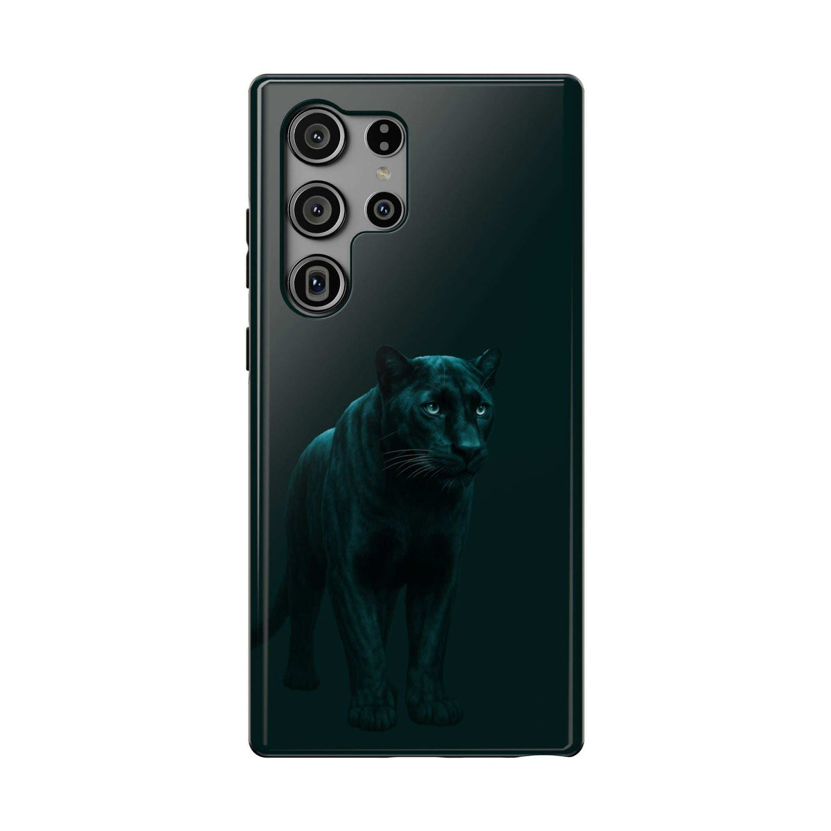Black phone case with teal panther graphic, back view with four camera openings