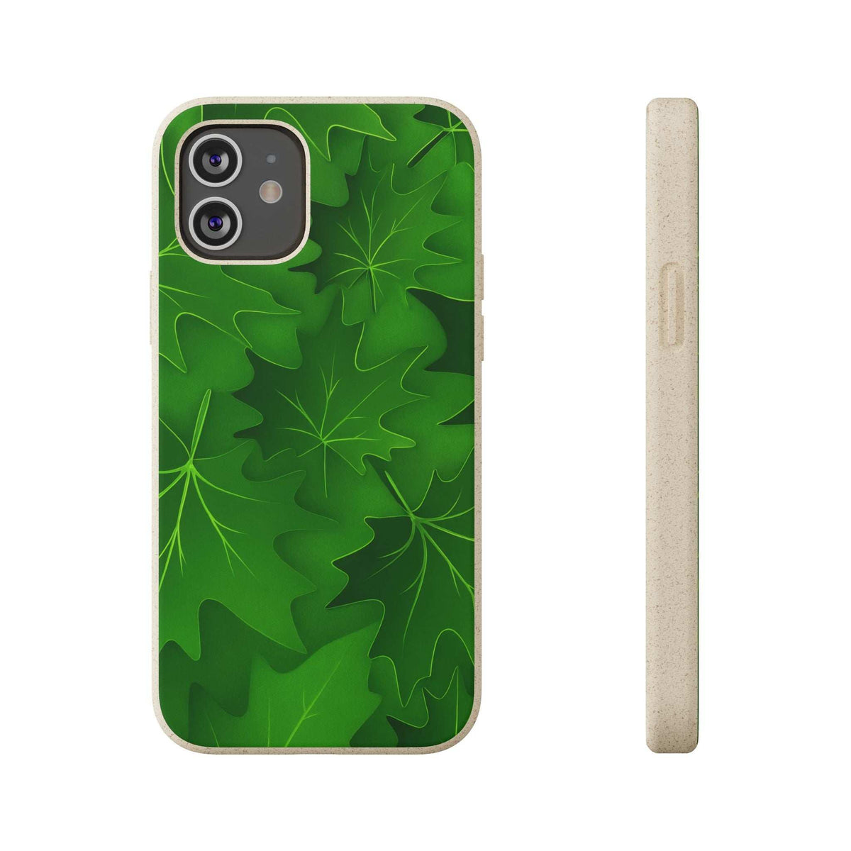Green botanical leaf phone case with camera cutout; side profile view included
