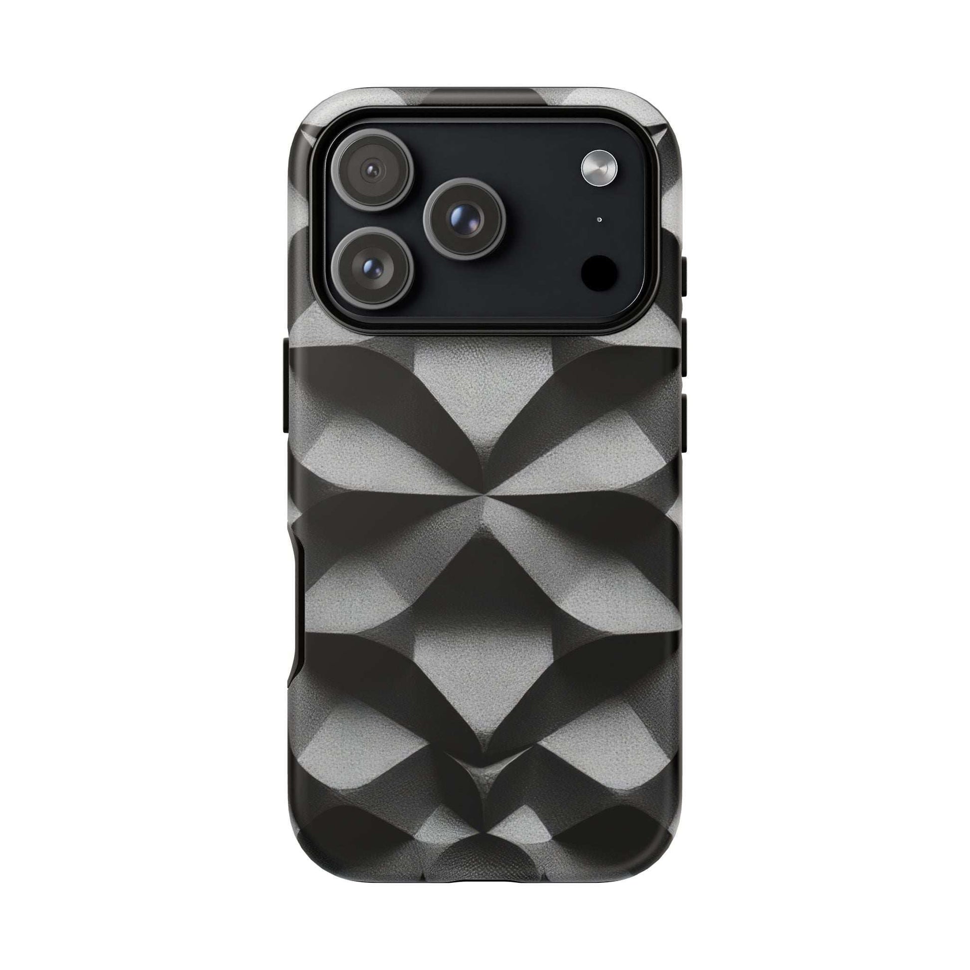 Tough phone case with black-gray geometric pattern and raised camera cutout bar