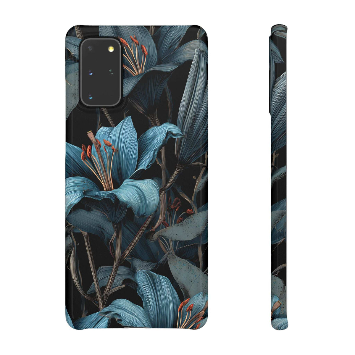 Blue and teal floral phone case, slim profile with camera cutouts on dark background.