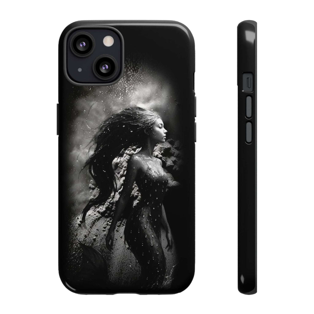 Black phone case with monochrome mermaid graphic; raised camera cutouts and side buttons visible