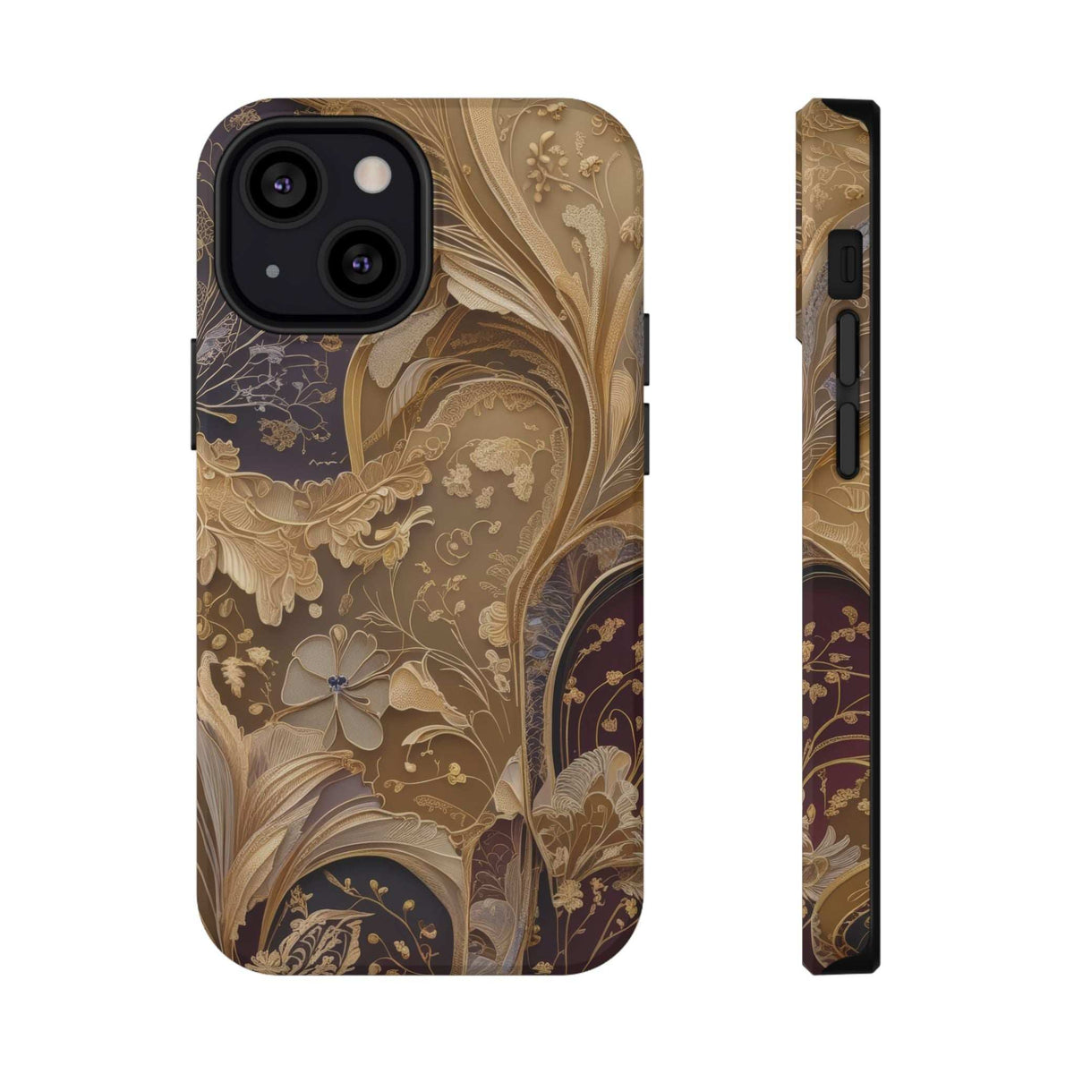 Botanical phone case with beige-gold floral pattern and dark border; side view shows openings.