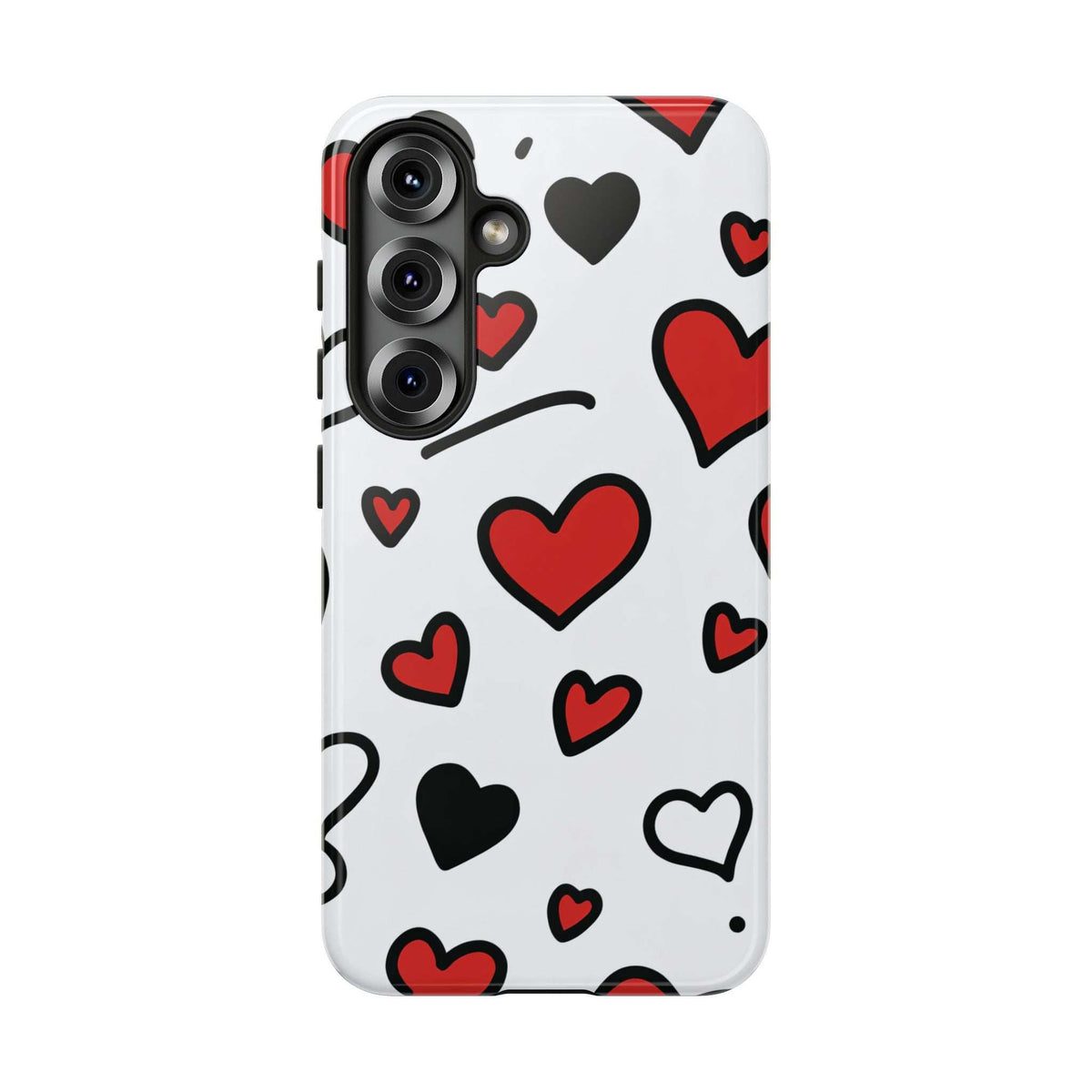 White phone case with scattered hearts; visible triple-lens camera cutout