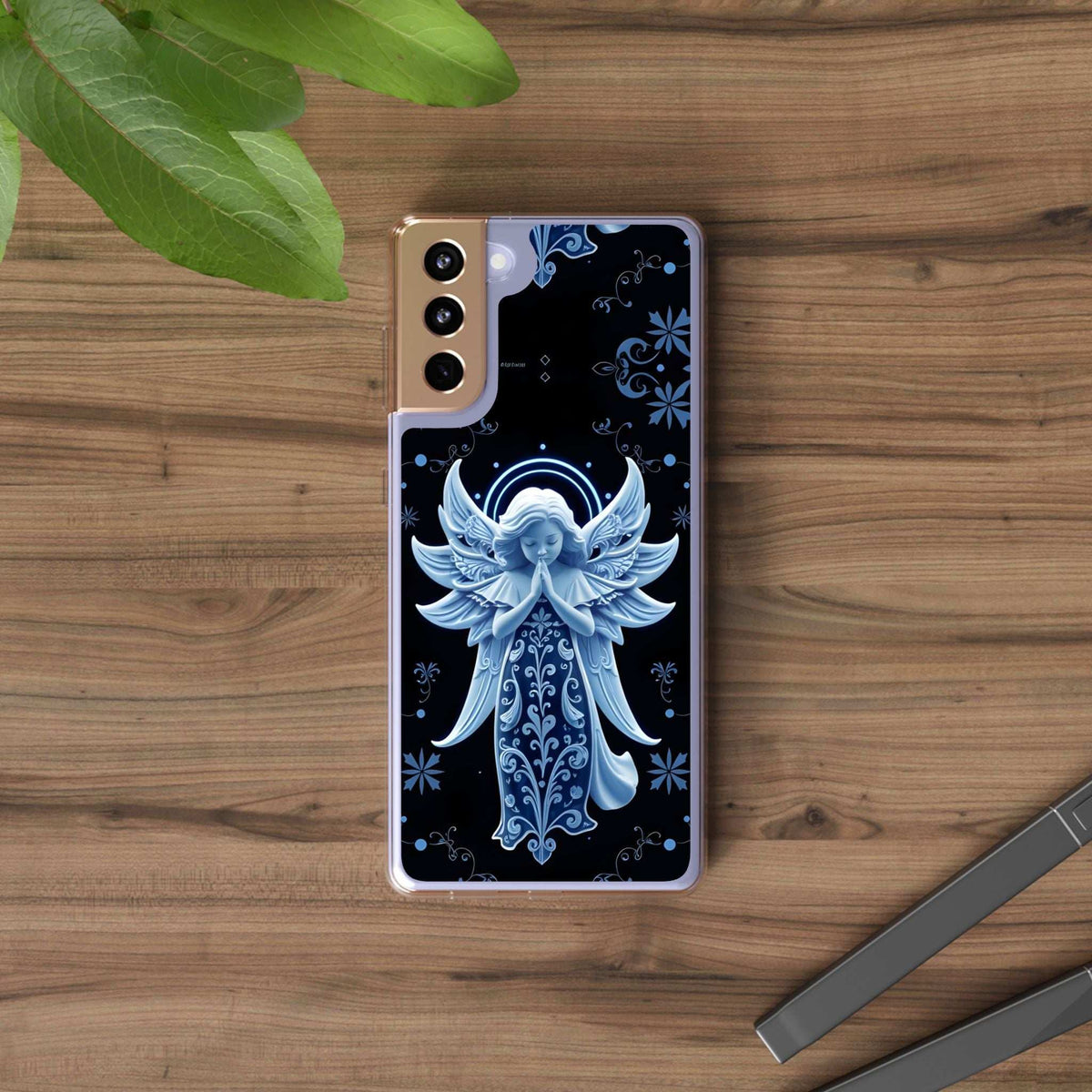 Clear phone case with blue angel figure centered on dark patterned background