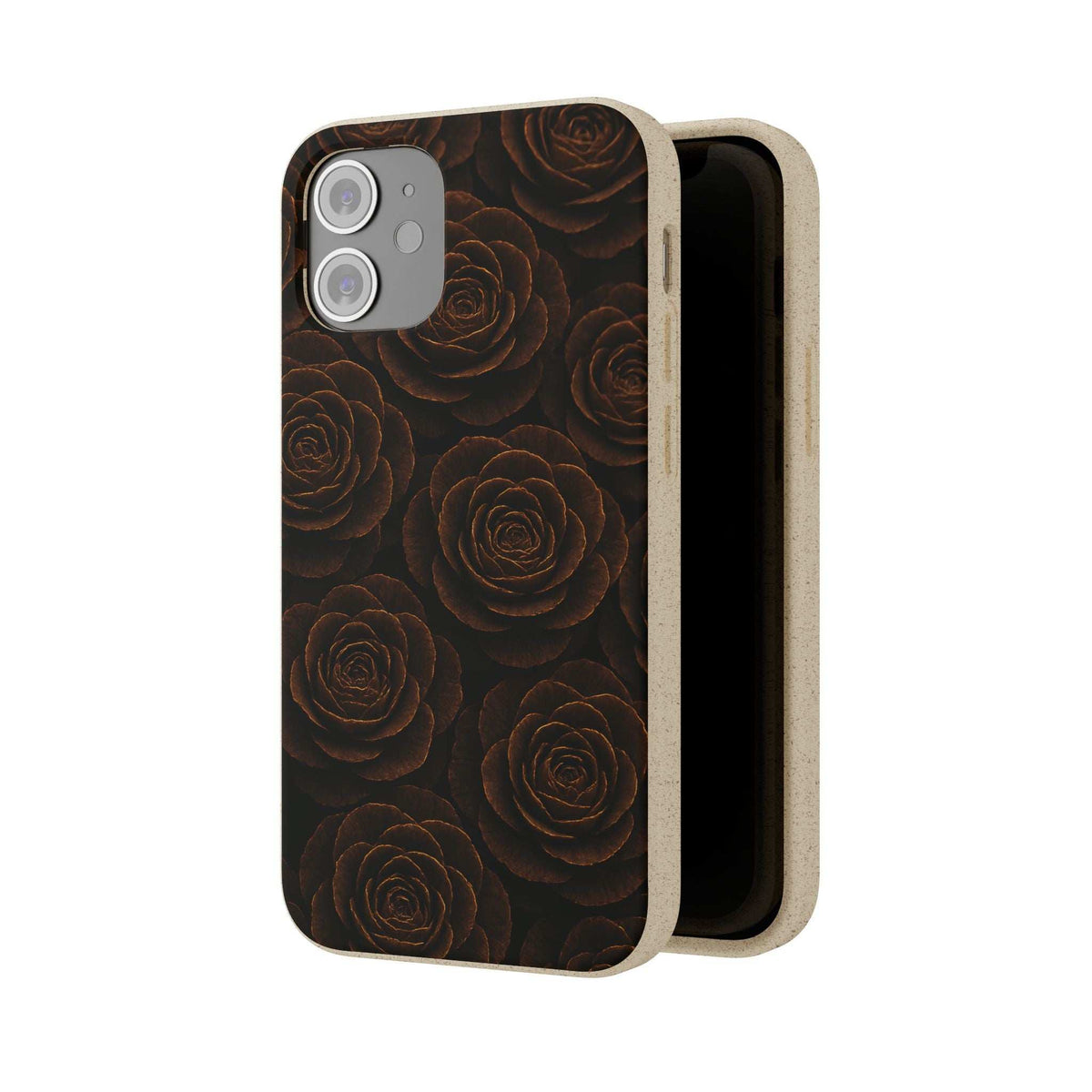 Wooden roses phone case, dark rose pattern with visible phone edge and camera cutouts