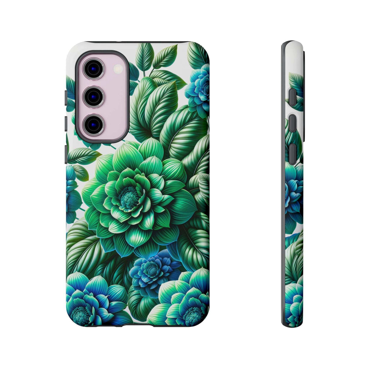 Green and blue floral phone case with camera module opening, front and side profile.