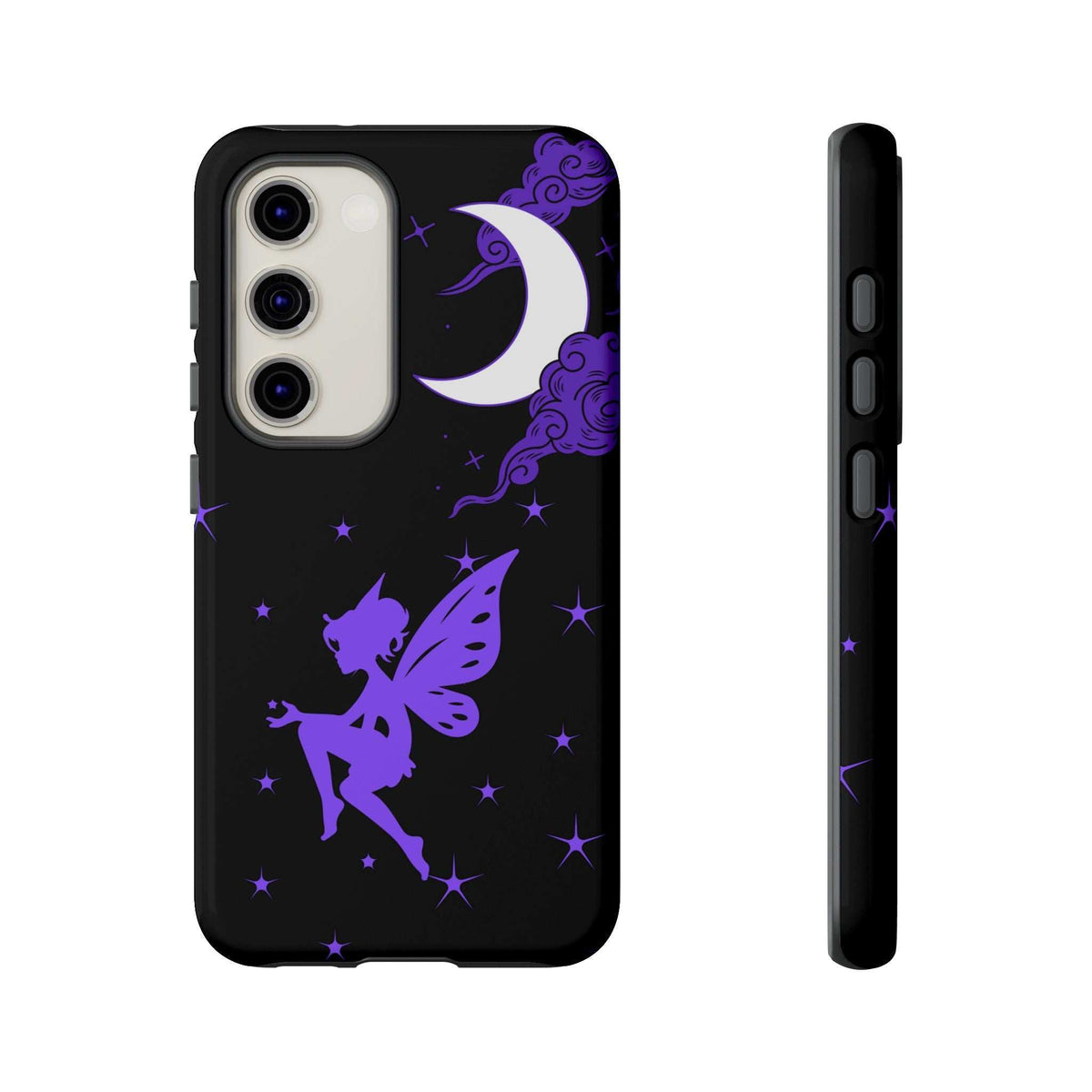 Black phone case with purple fairy, crescent moon, and star design; camera cutout detail