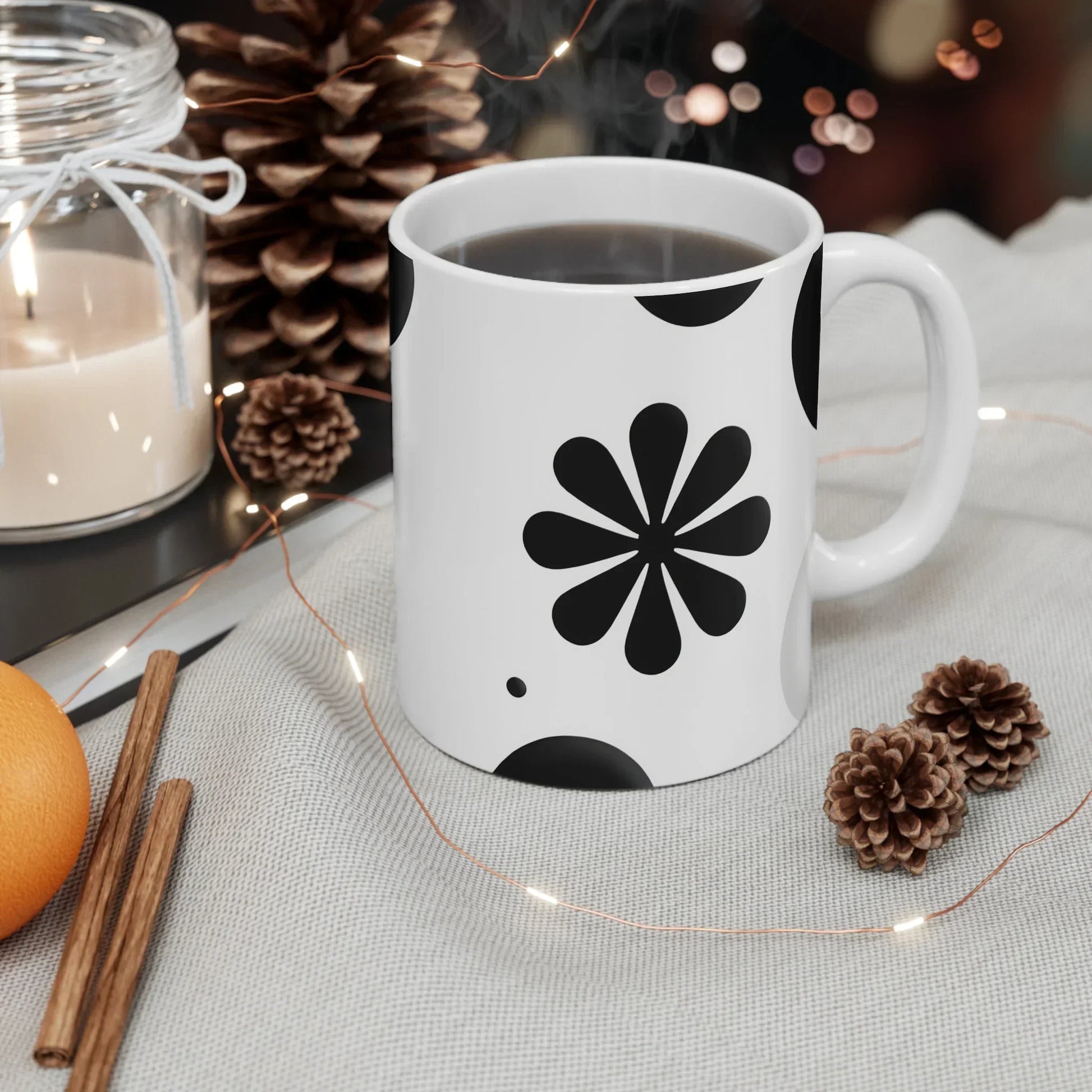 Black Mandala-Inspired Floral Design White Ceramic Mug - KarArmDesign
