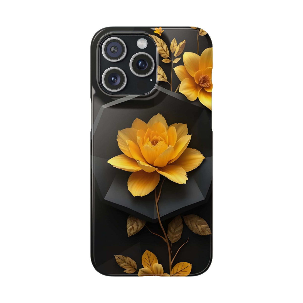 Black phone case with yellow flowers and gold leaves, plus camera cutouts around lenses.