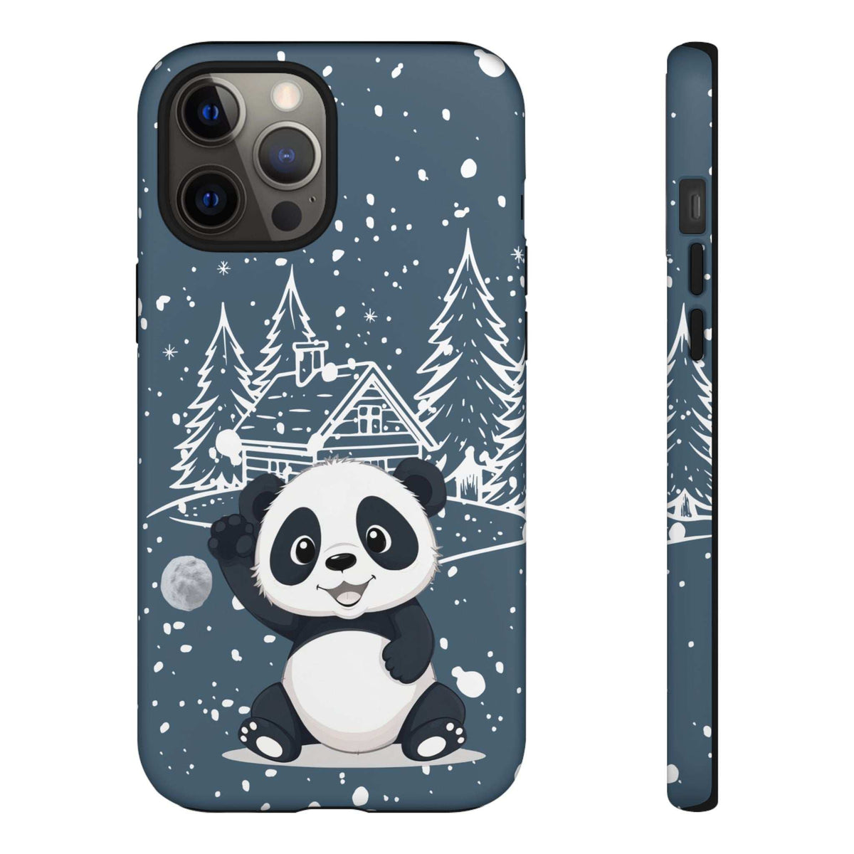 Dark blue phone case featuring a panda in snowy wonderland, side profile and camera holes.