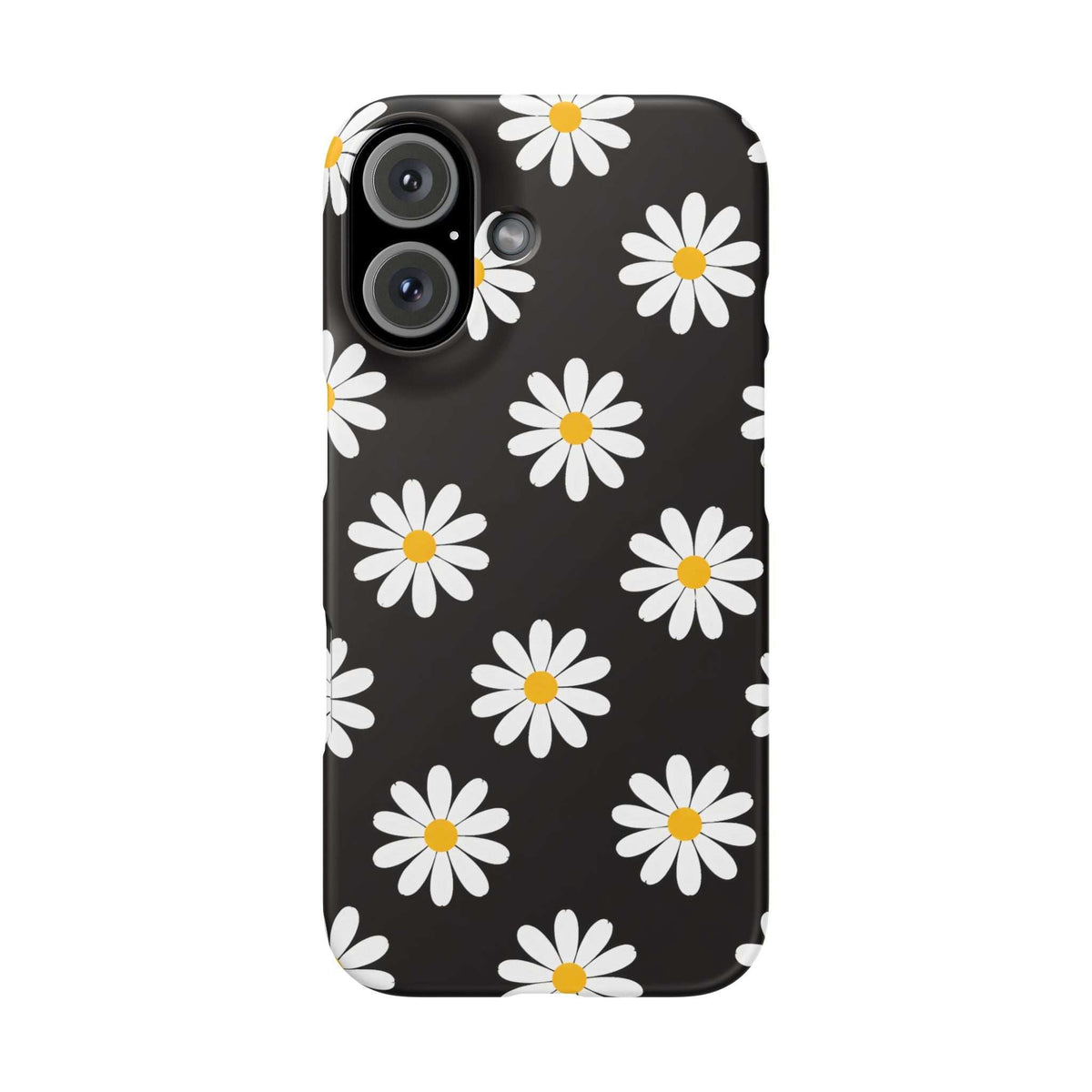 Black phone case with white daisies and yellow centers, front angle with camera lenses