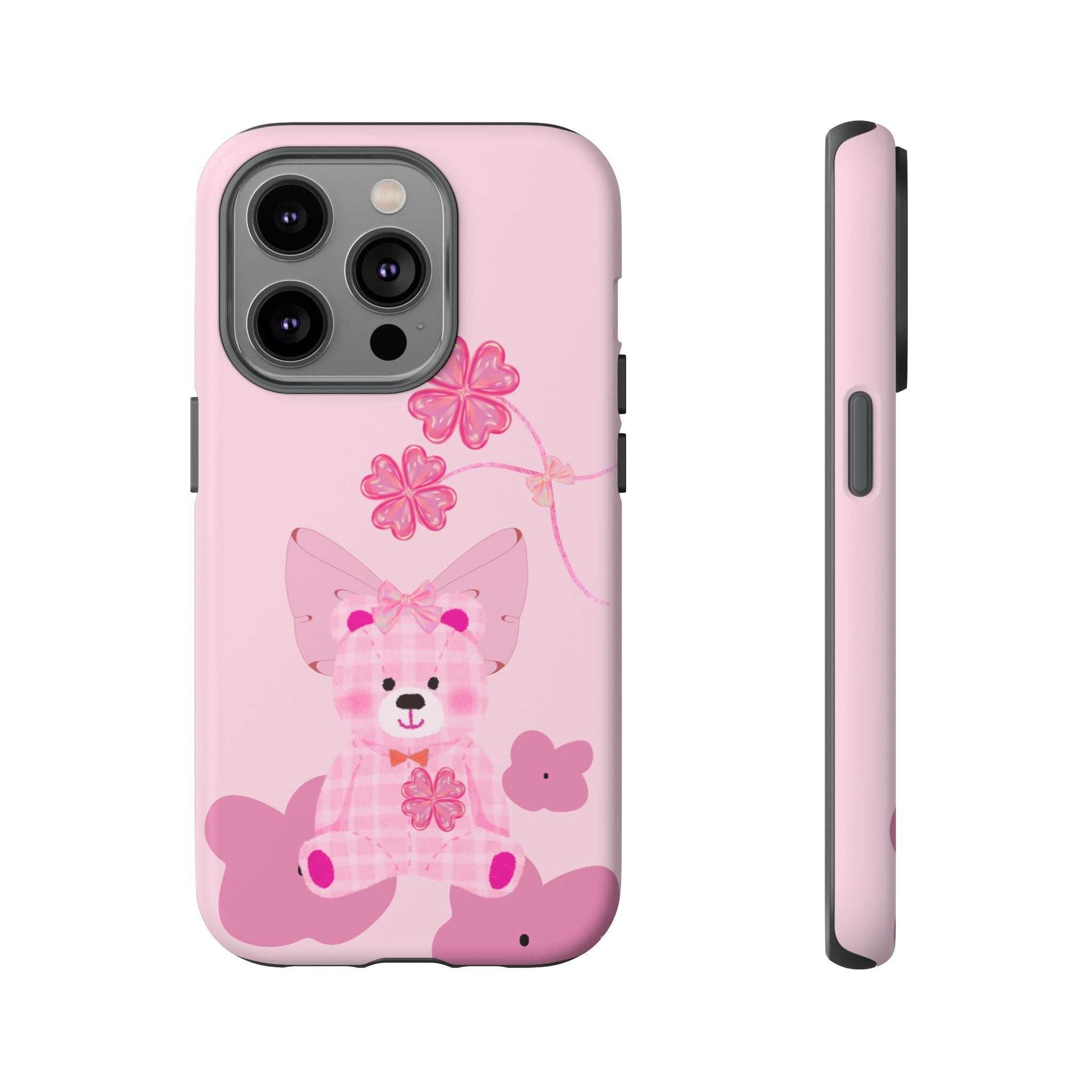 Pink phone case with teddy bear holding flowers; back camera cutout and side profile.