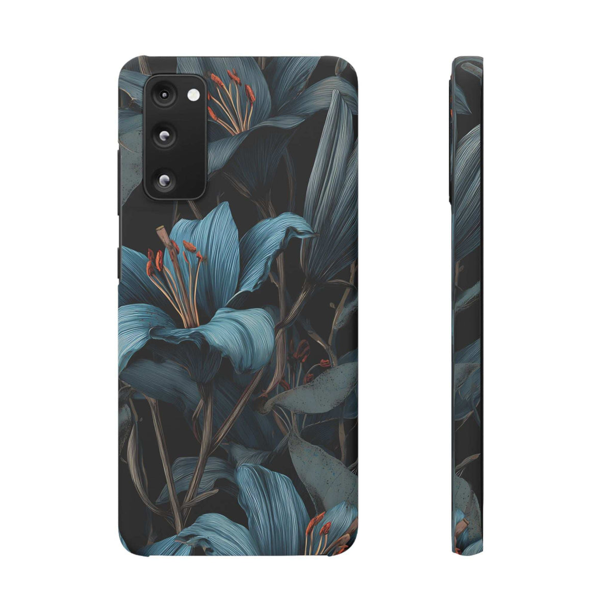 Floral phone case with teal foliage artwork, showing front camera cutouts and buttons
