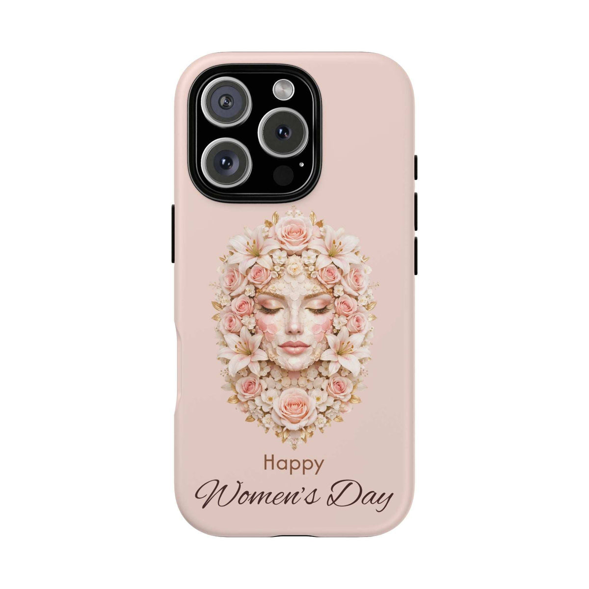 Light pink phone case with floral woman portrait and 'Happy Women’s Day' text, camera area
