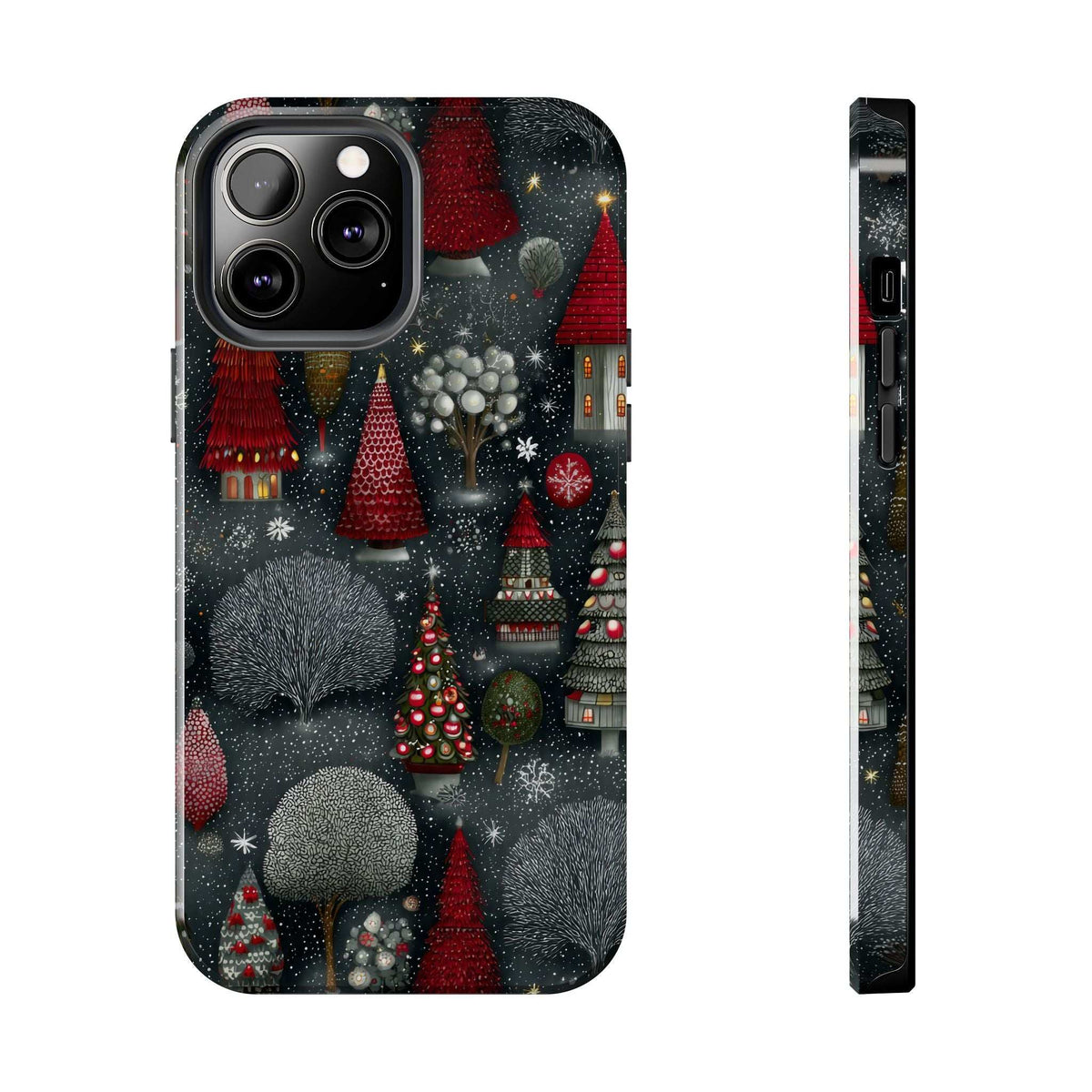 Frosted phone case with dark winter village design and red ornaments; front view plus side edge