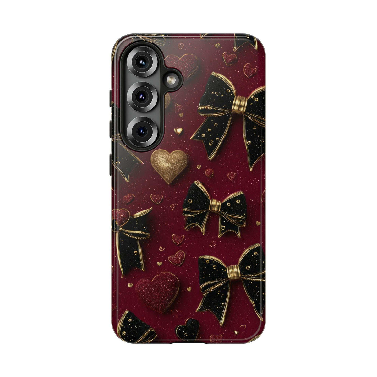 Burgundy glitter velvet phone case with gold hearts and ribbon bows; camera openings.