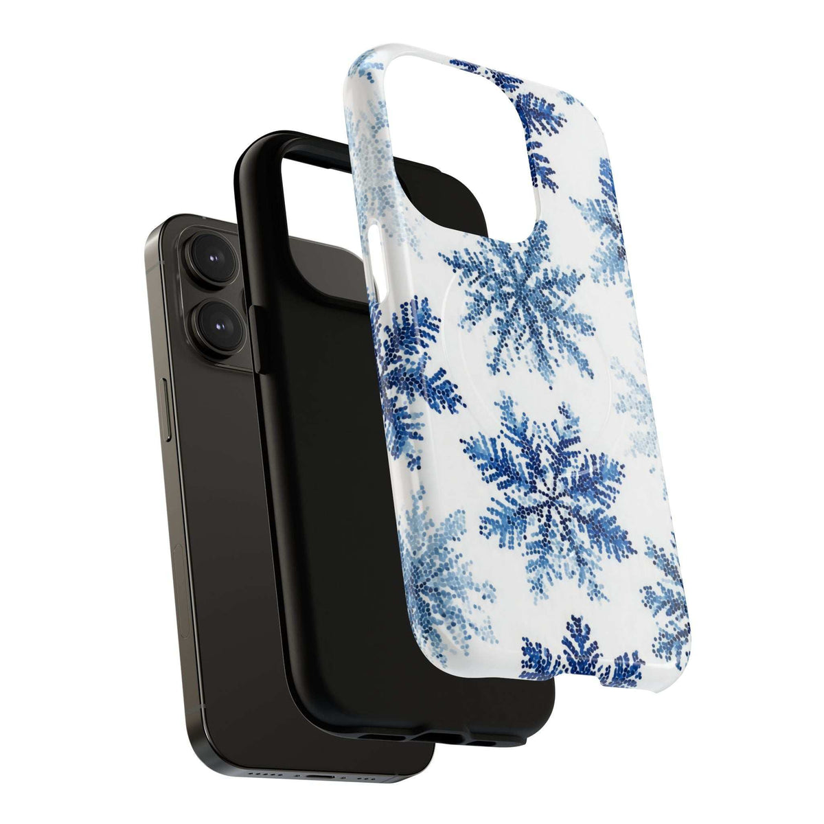 Snowflake phone case for iPhone, side angle with blue snowflake pattern on white case