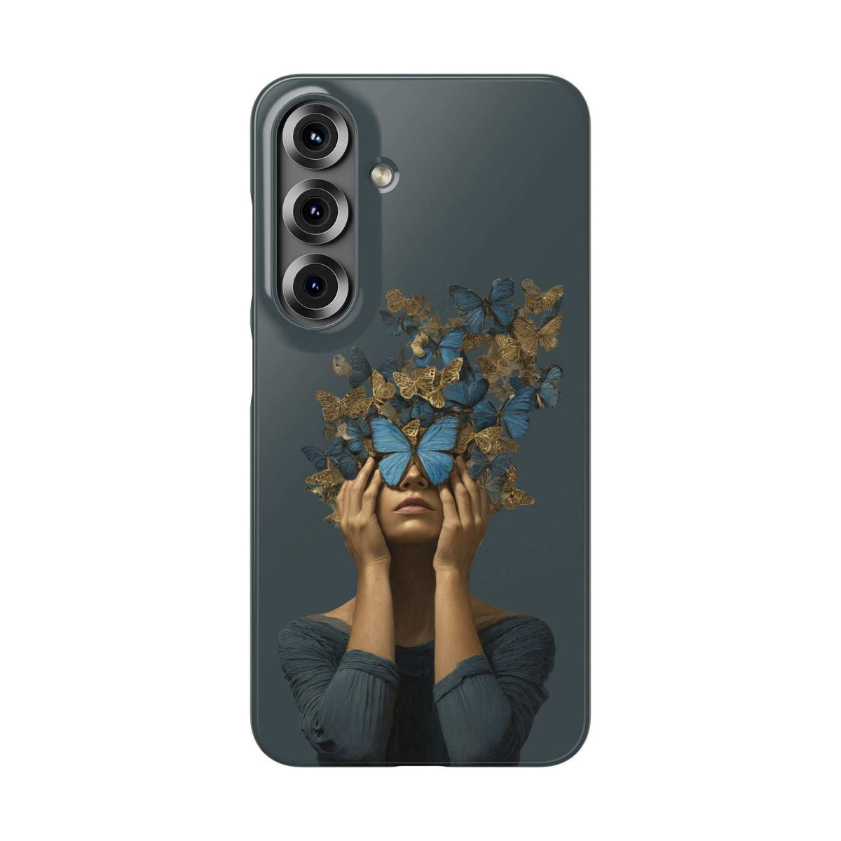 Phone case with dark blue butterfly-and-gold branches design; camera cutouts on left