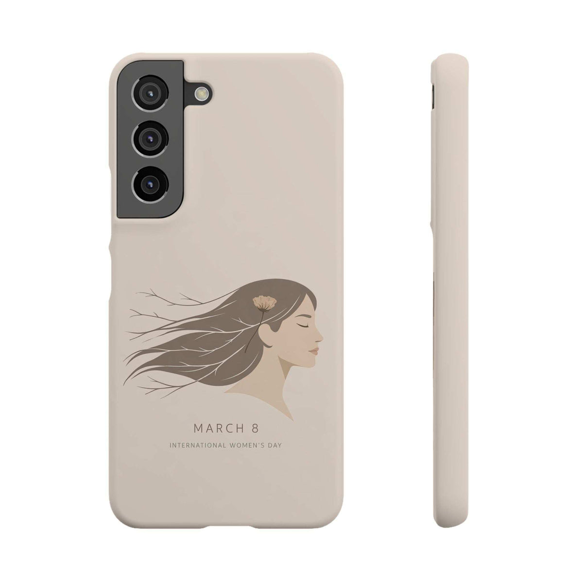 Light beige phone case with World Women's Day profile graphic and camera lens cutouts