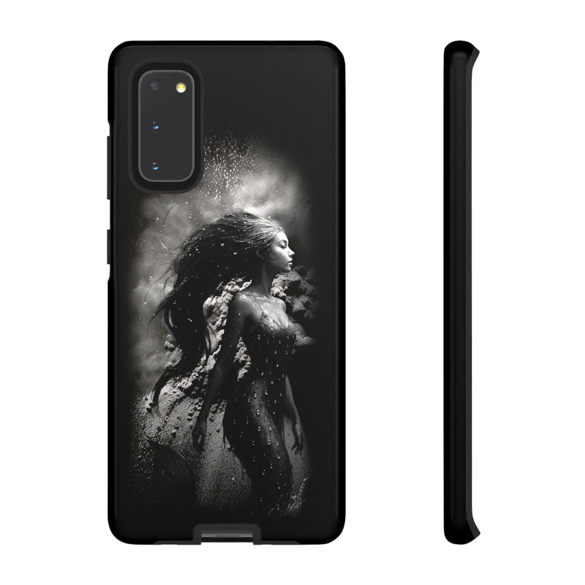 Black phone case with monochrome mermaid portrait and camera cutout panel