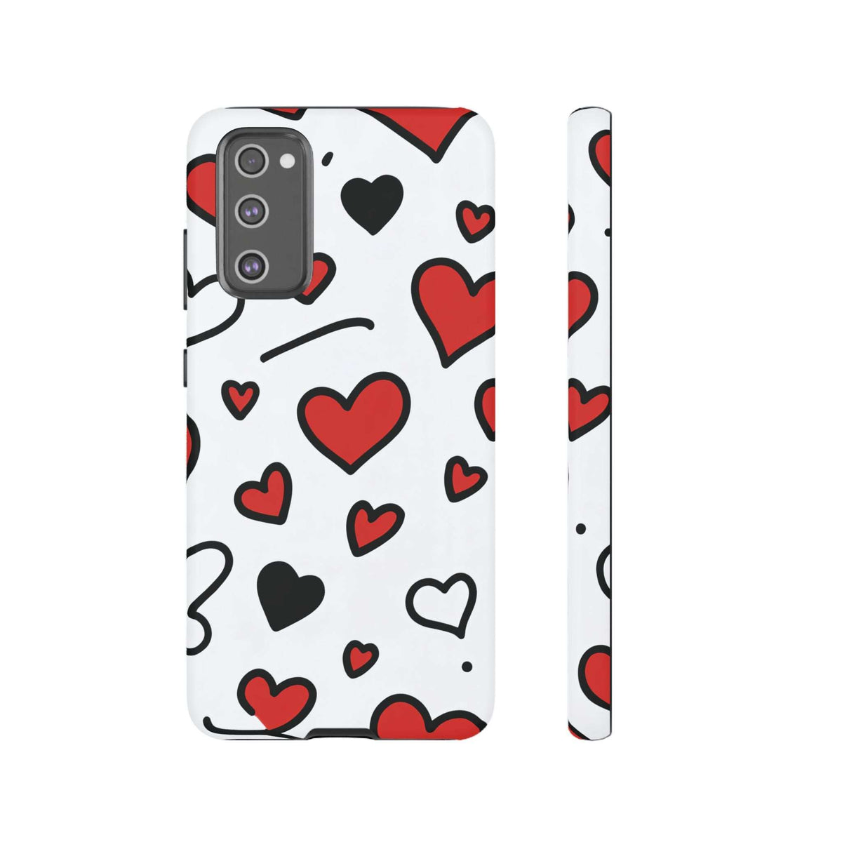 White phone case with scattered hearts in red and black; back and thin side view